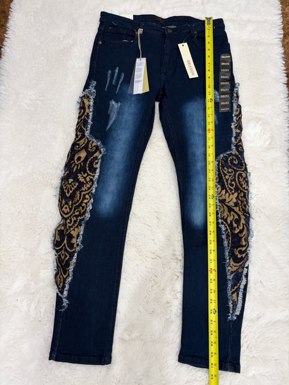 Reason Embroidered Side-Panel Skinny Jeans - Navy & Gold,Size 36x32 - Picture 13 of 17